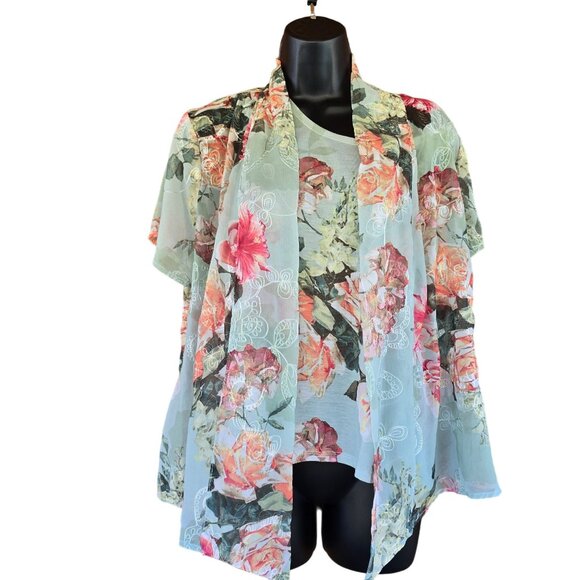 Kimono Floral Print Sheer Cardigan & matching Tank Top Set Women M cottagecore - Picture 5 of 6